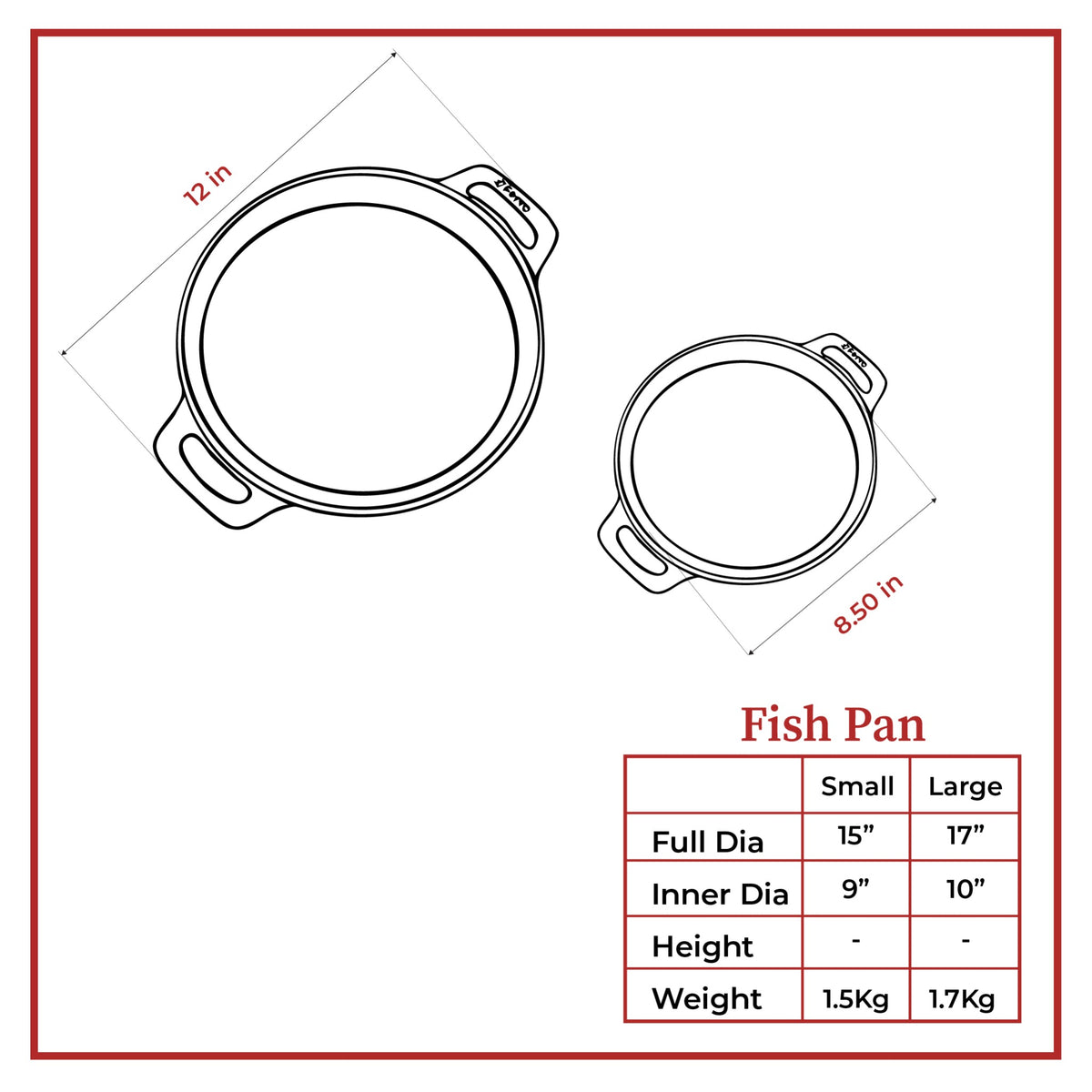 Ferro Cast Iron Fish Pan size chart
