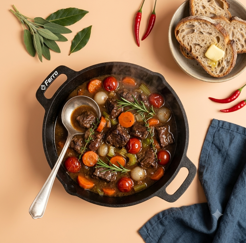Ferro cast iron skillet serving stew
