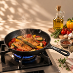 Ferro Cast Iron Fry Pan cooking salmon and vegetables