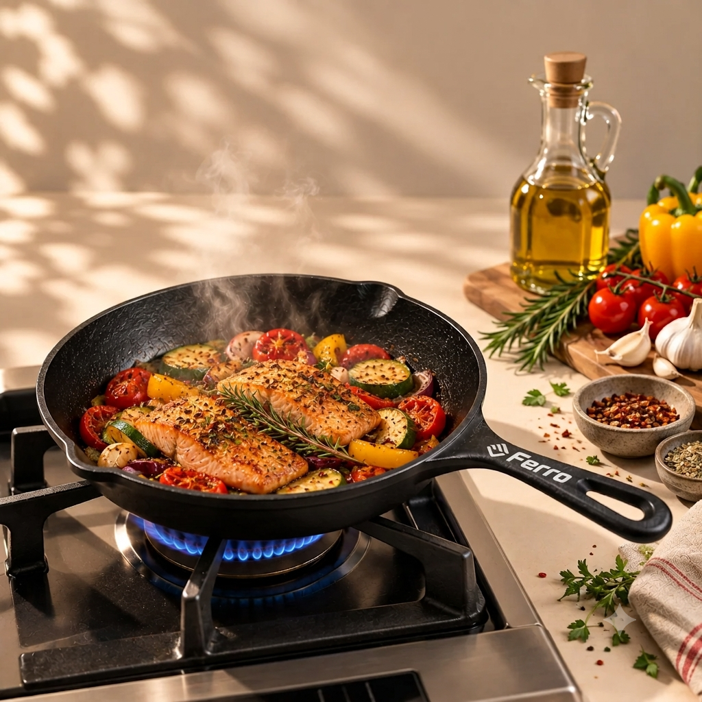 Ferro Cast Iron Fry Pan cooking salmon and vegetables