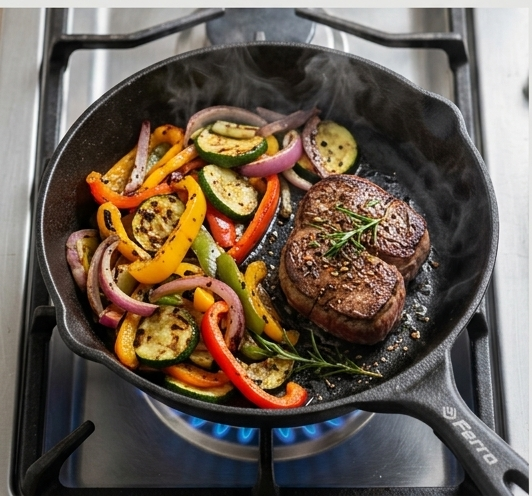 Ferro Cast Iron Fry Pan cooking steak and vegetables