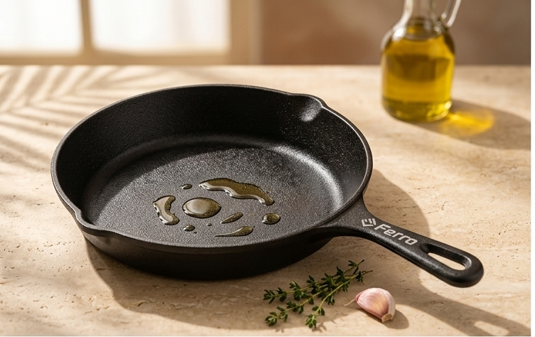 Ferro Cast Iron Fry Pan with cooking oil